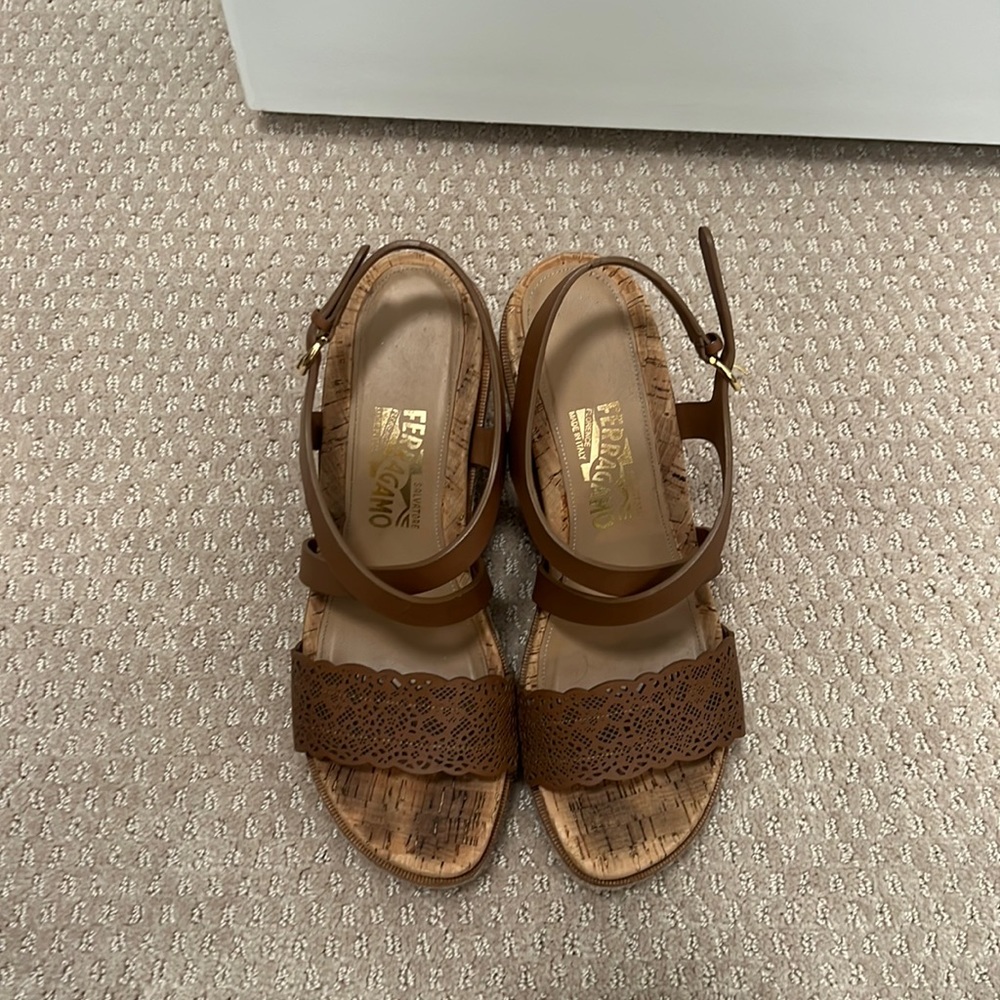 Salvatore Ferragamo Wedge Sandals, Tan Size 9.5.